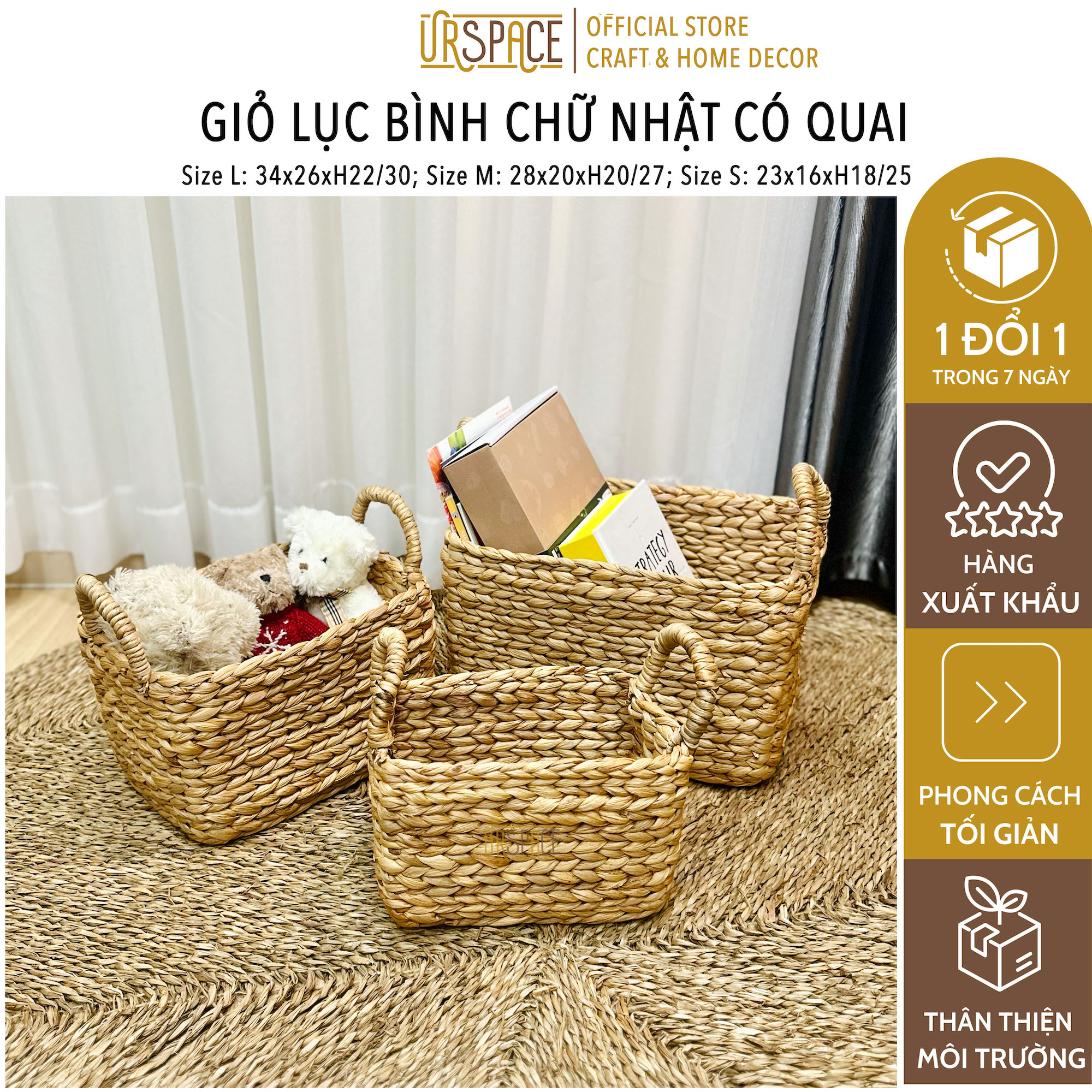 Giỏ lục bình chữ nhật có quai URSPACE đựng sách báo, đồ chơi, trang trí đa năng/ HYACINTH STORAGE RECTANGLE BASKET