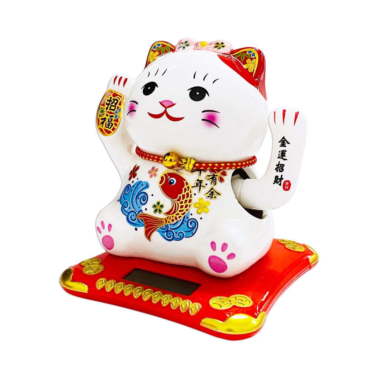 Tượng Mèo Thần Tài Vẩy Tay 12 cm - Trang Trí Tết - T87 - Tai Mèo Màu Đỏ