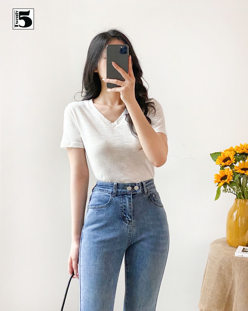 Quần jeans nữ ống loe lưng cao cạp 2 cúc co dãn Twentyfive 3787