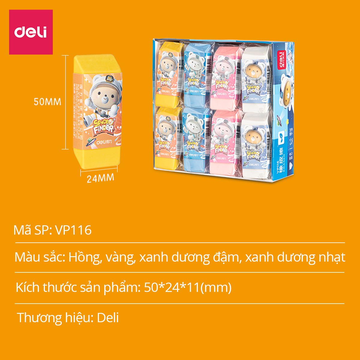 Gôm Tẩy Chì 2B Deli - Hình Gấu Phi Hành Gia Ít Vụn Tẩy Sạch Màu Sắc Cho Học Sinh Văn Phòng - VP116