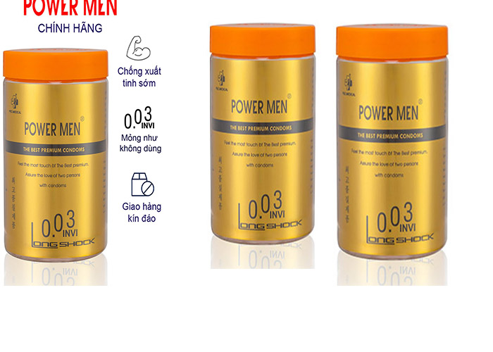 Bao cao su siêu mỏng kéo dài thời gian Power Men 0.03 Invi Long Shock (Lọ 12 chiếc)