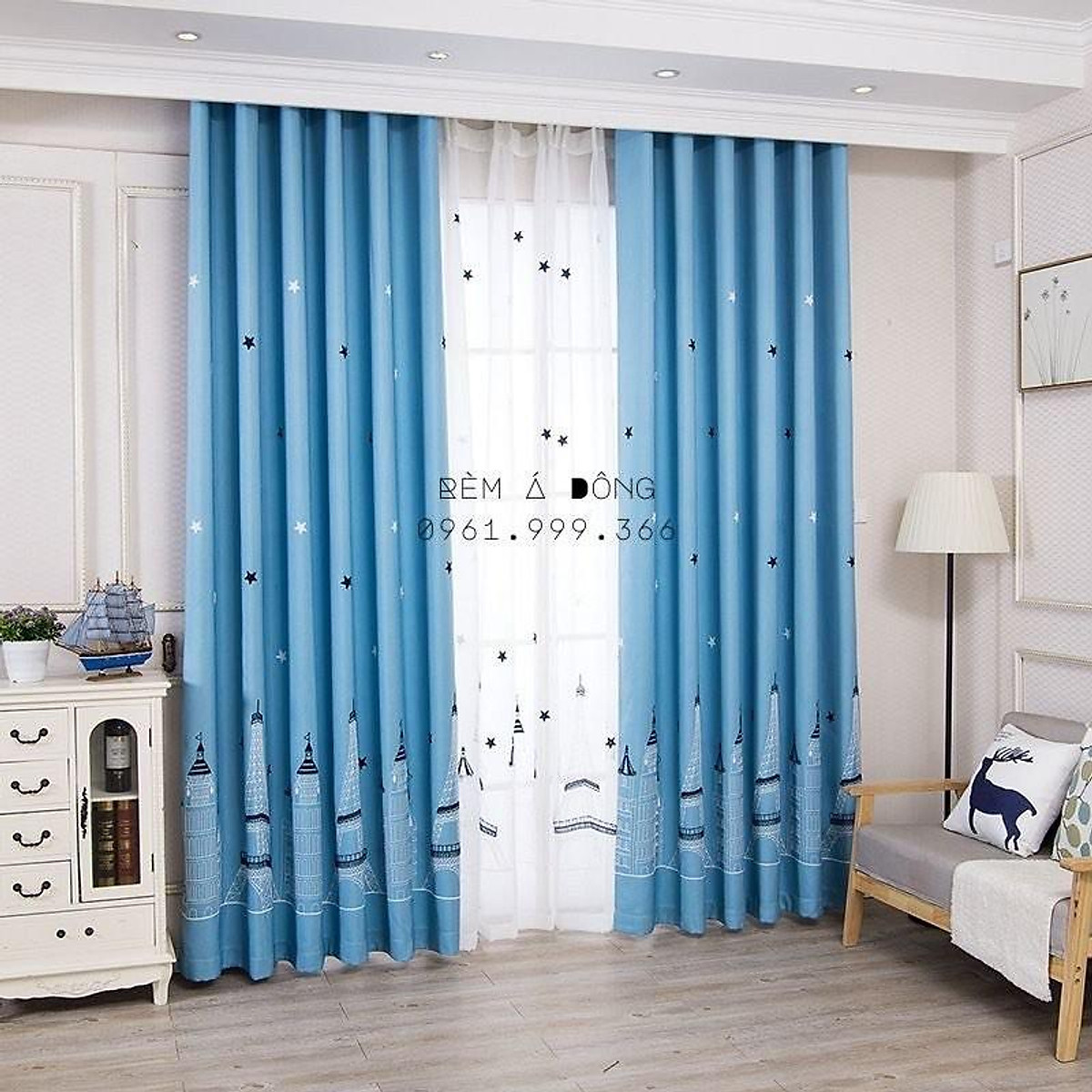 Rèm vải bé trai họa tiết tháp Eiffels ngộ nghĩnh - CÓ SẴN - Cao cố định 2.5m