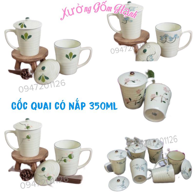 Cốc sứ có quai có nắp dung tích 350ml Men kem Gốm Sứ Bát tràng cao cấp.