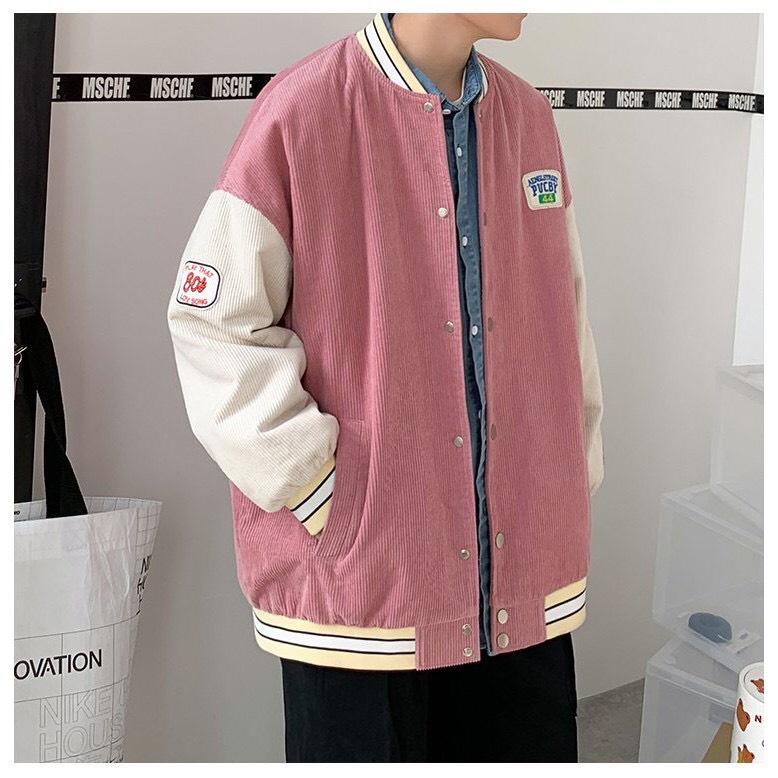 Áo Khoác Bomber Jacket Nhung Gân Tăm Thêu LOGO PUCBY Varsity Form Rộng Unisex Nam Nữ Ulzzang