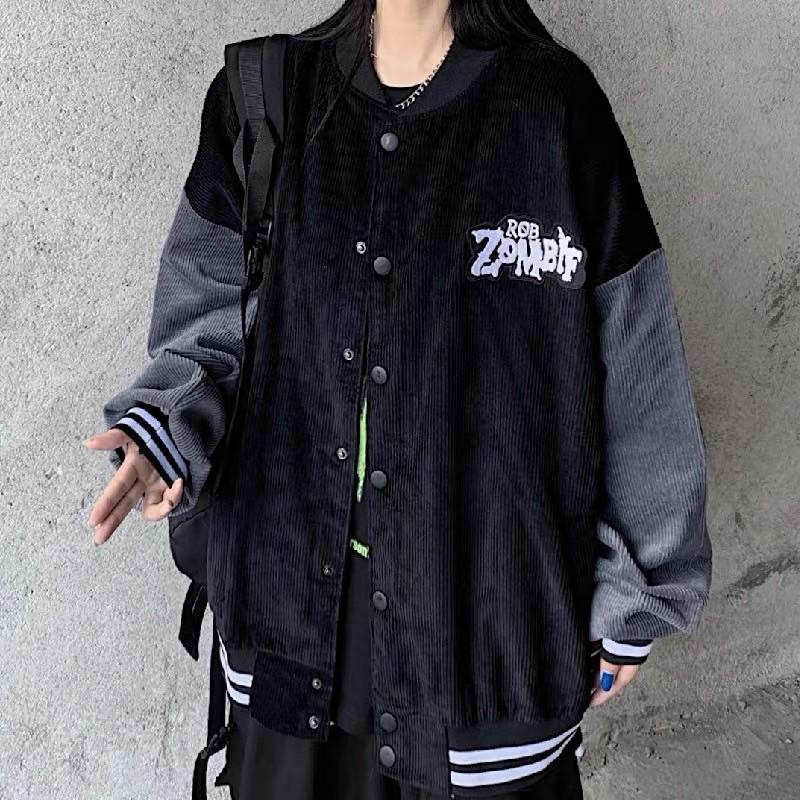 Áo Khoác Bóng Chày Bomber Unisex Mã ZOMBE Chất Nhung Tăm Màu Đen Phối Tay Xám Full Size Dưới 75kg