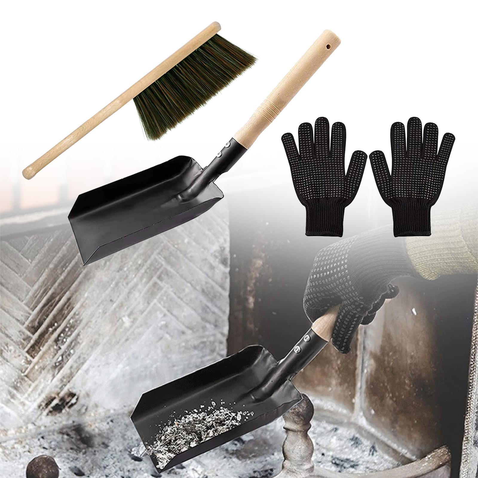 Fire Fireplace Tools Metal Silicone Gloves, Accessories,Fireplace Broom Steel Spade and Ash Brush Set for Dust Cleaning