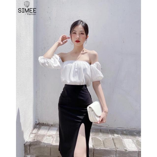 Set váy thiết kế Simee áo trễ vai mix chân váy xẻ tà
