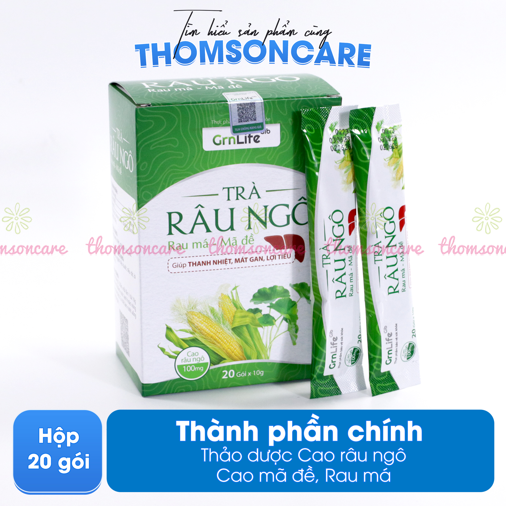 Trà râu ngô GrnLife   rau má mã đề Hộp 20 gói, giúp thanh nhiệt, mát gan, lợi tiểu, tốt cho người tiểu rắt nóng trong, rôm sẩy  - Thomsoncare