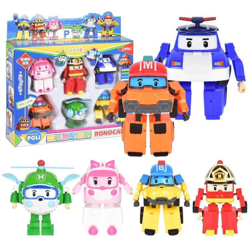 Hộp 6 đồ chơi biến hình biệt đội Robocar Poli 6 xe lắp ráp Policar 2 trong 1