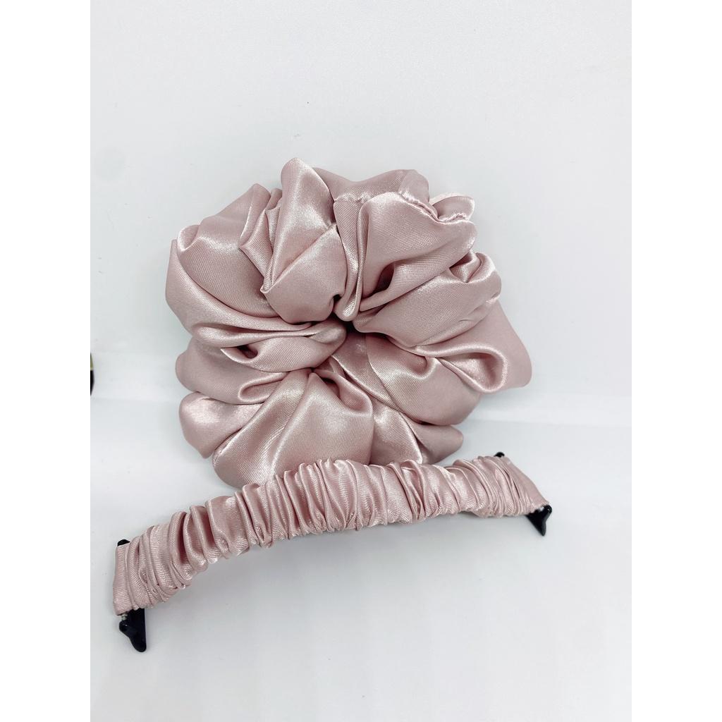 Combo dây đồng hồ apple watch và scrunchies dây cột tóc, buộc tóc vải satin lụa HỒNG Noel