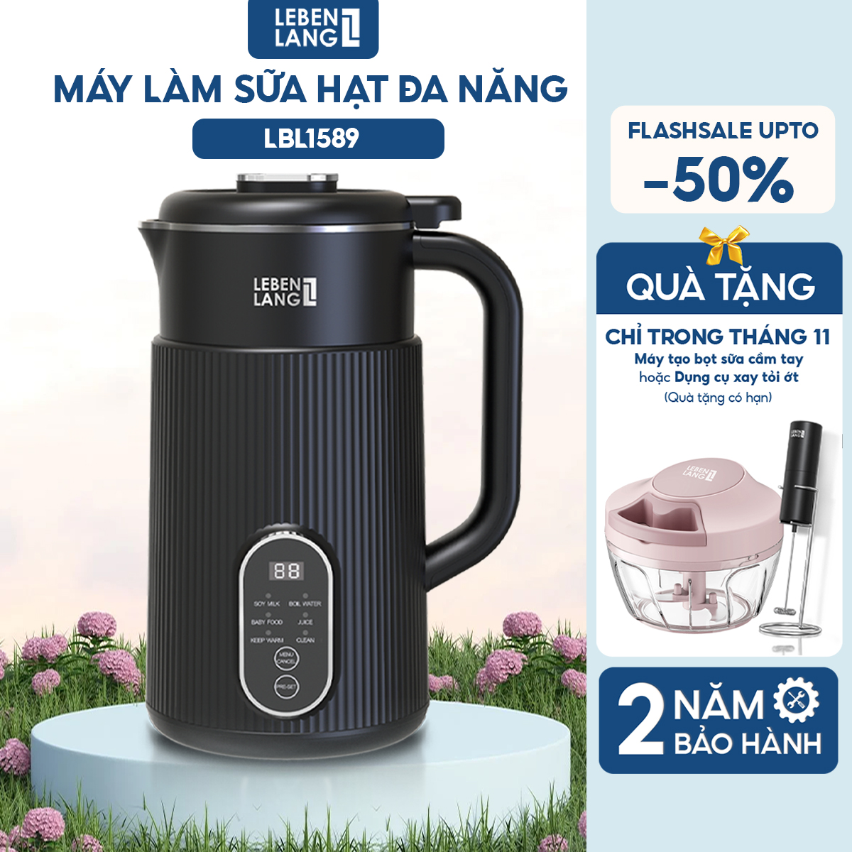 Máy làm sữa hạt đa năng Lebenlang LBL1589, làm sữa hạt nhanh trong 25 phút, công suất 600W, dung tích 1000ml, bảo hành 2 năm - hàng chính hãng