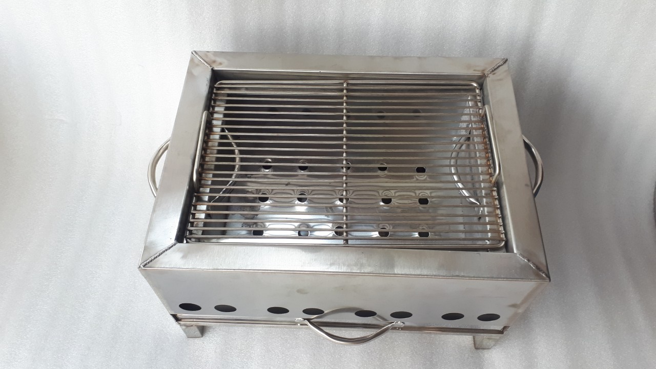 Lò nướng than hoa inox vuông 30 x40cm loại dầy có vĩ nướng bán bún thịt nướng, bánh mì, nem nướng