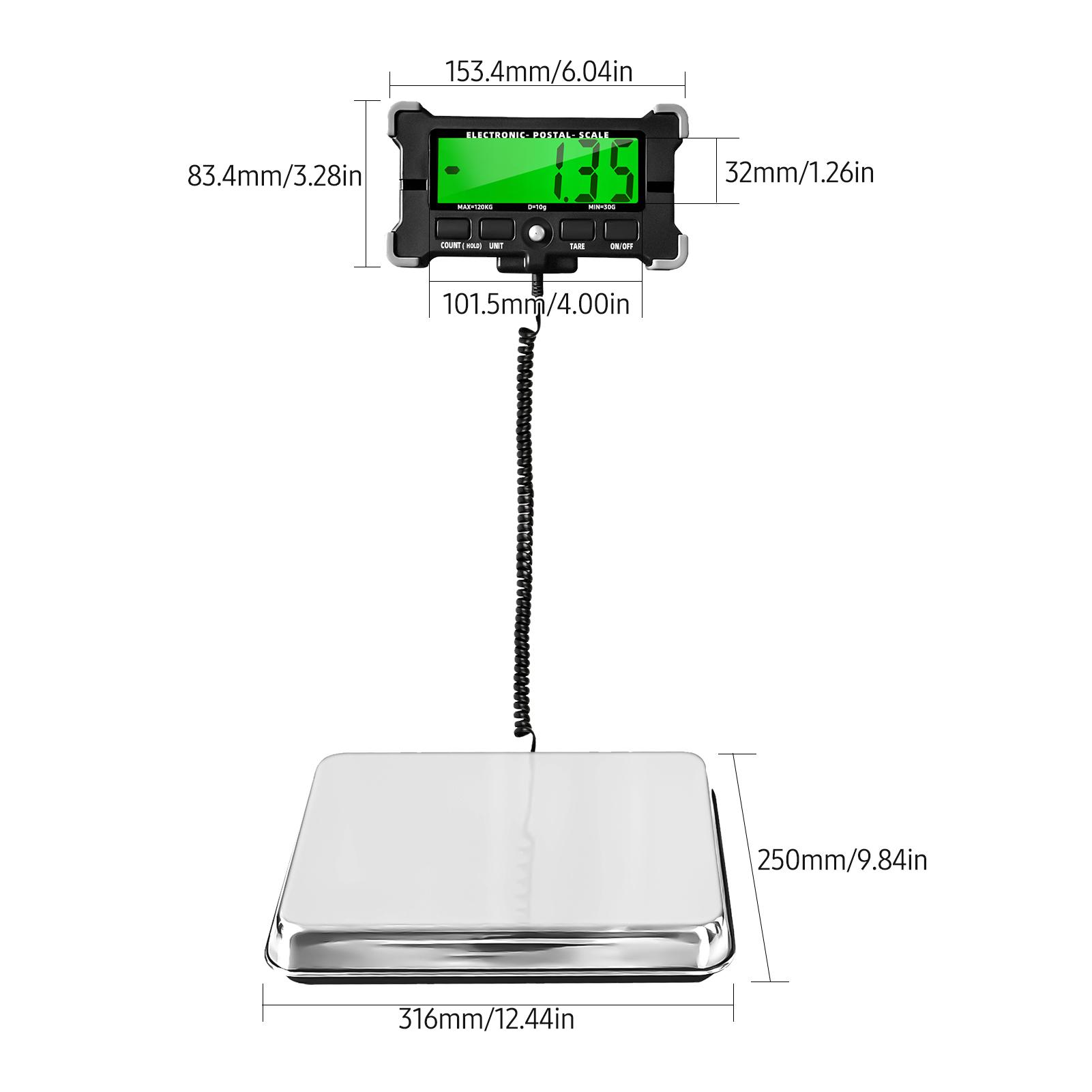 264 Lbs Electronic Postal Scale 10g Precision Integrated Stainless Steel Digital Scale with LCD Backlight Display Shipping Scales with Auto off/ Data Hold/ Tare/ Count <<