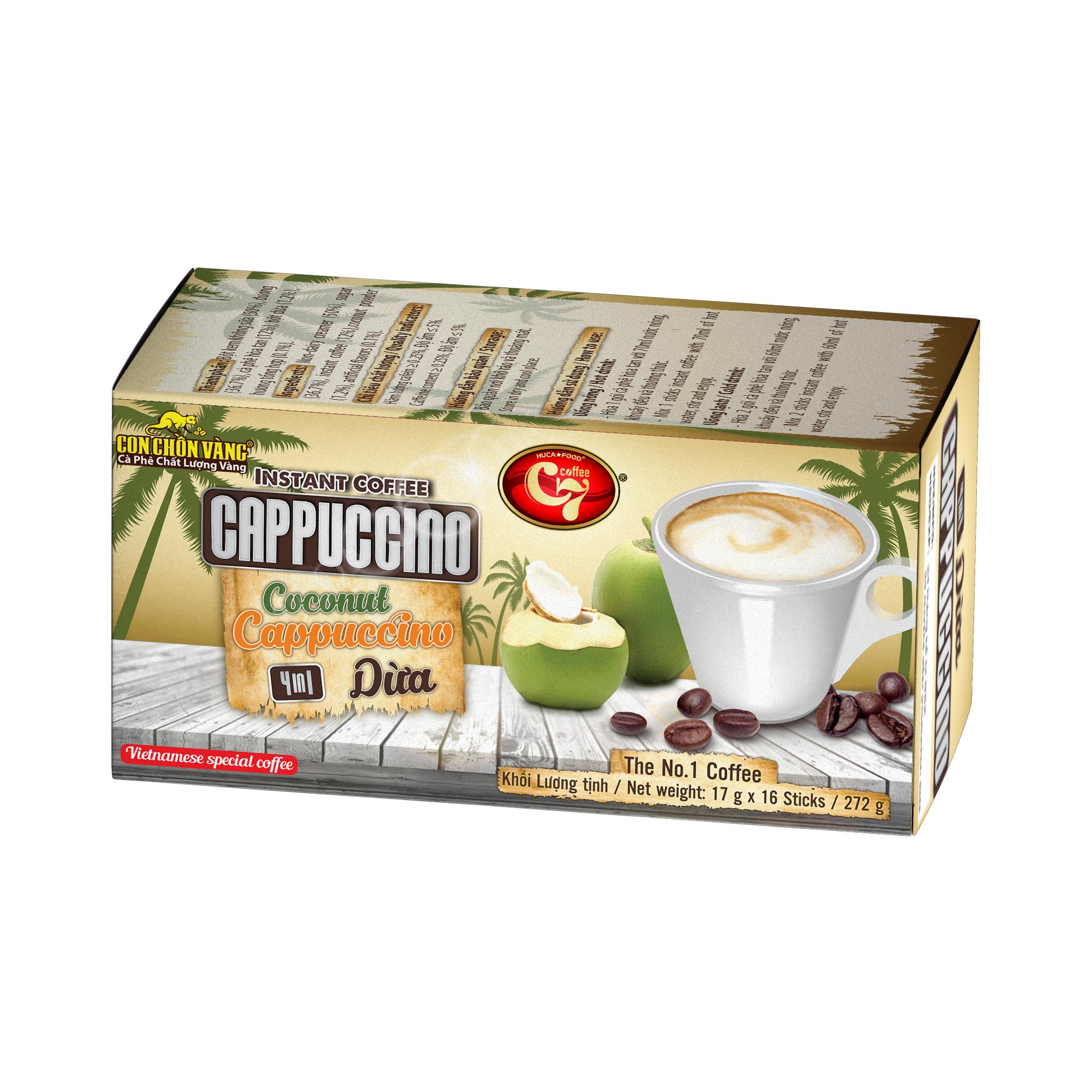 Cà Phê Dừa Hòa Tan 4in1 Cappuccino Con Chồn Vàng - Hộp 16 Gói