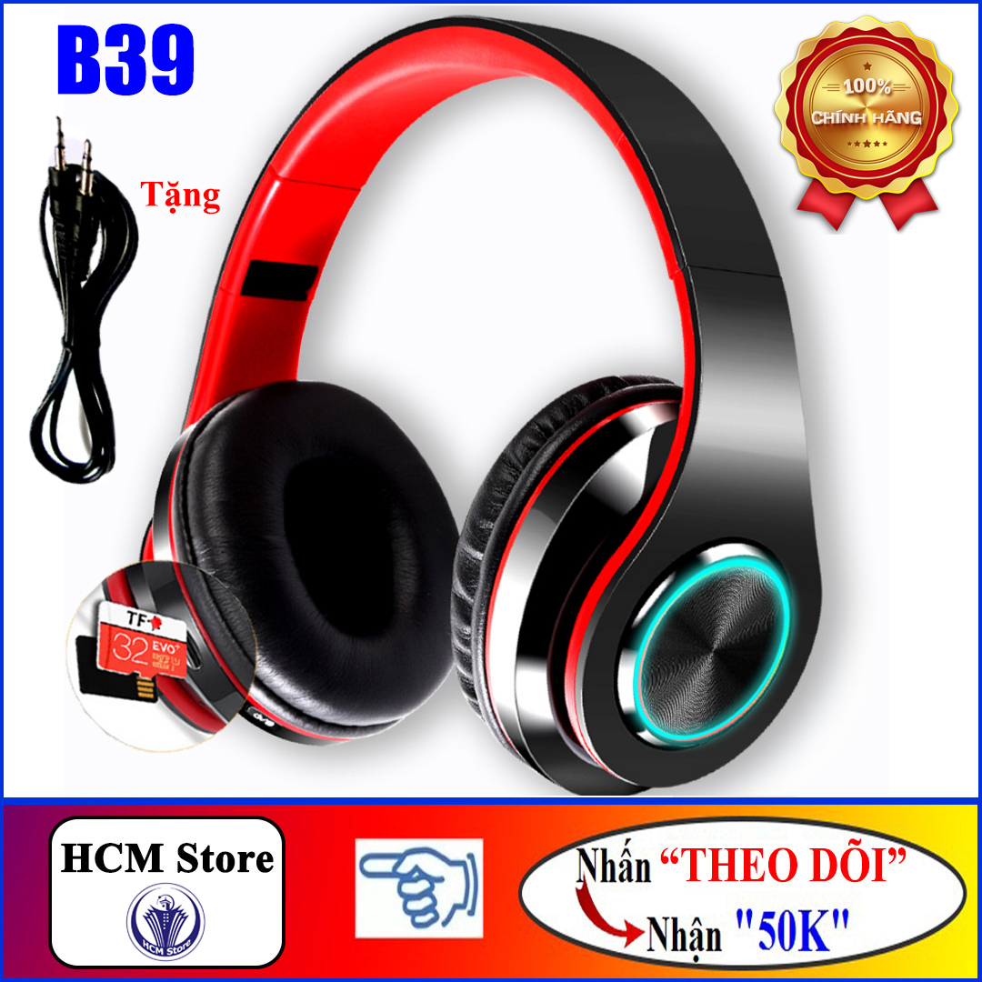 Tai Nghe Bluetooth V5.0 Chụp Tai B39, Tai Nghe Bass Cực Mạnh, Pin 400mAh, Có FM, Thẻ Nhớ - Hàng Chính Hãng