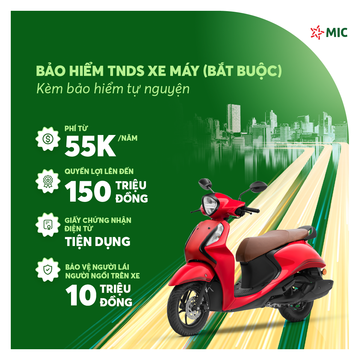 Bảo hiểm TNDS Xe máy  kèm bảo hiểm tự nguyện, bồi thường lên đến 150 triệu