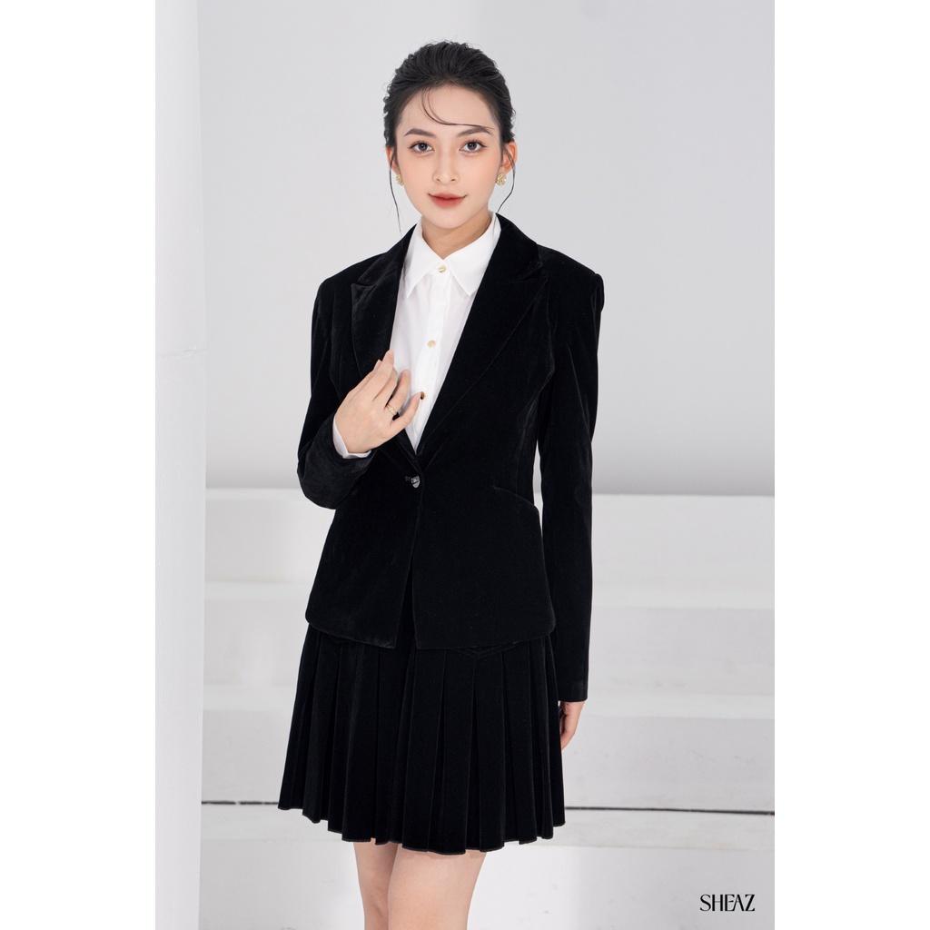 SHEAZ Áo vest blazer nhung nữ thu đông, màu đen, công sở basic, lót lụa satin