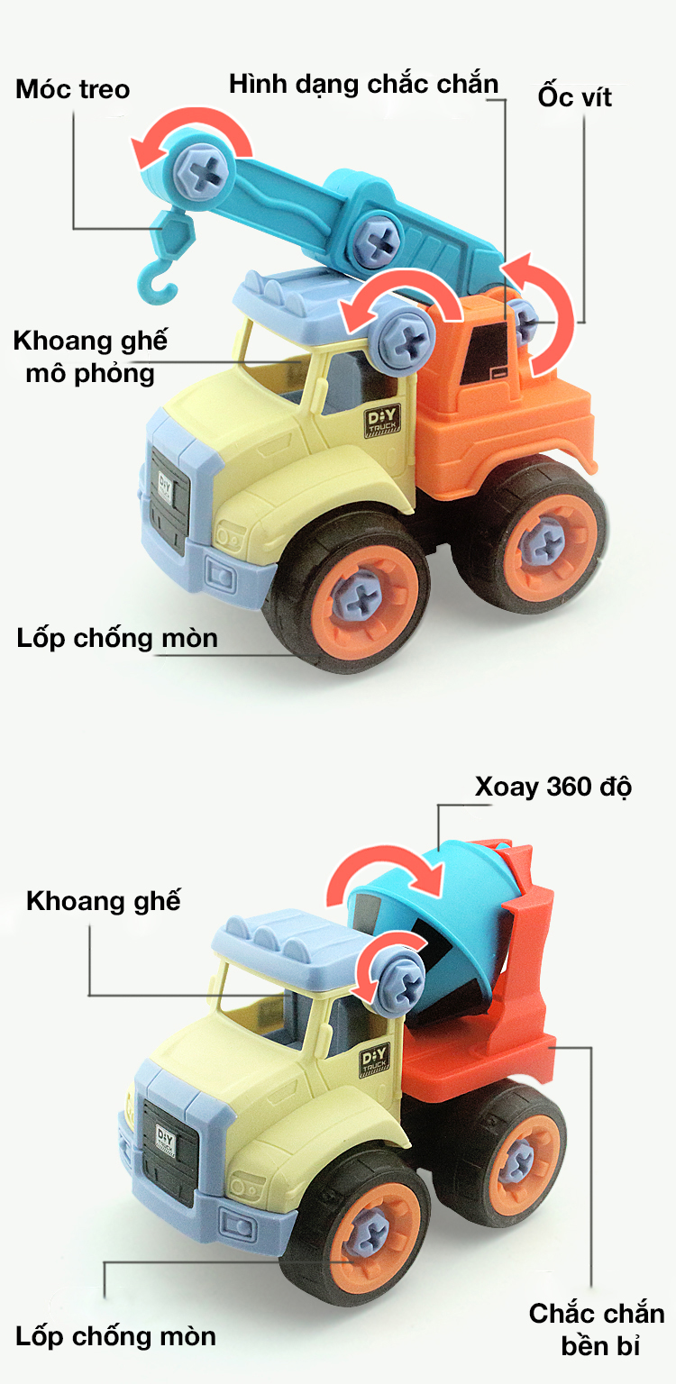 Đồ chơi lắp ghép xe công trình KAVY gồm 4 xe kèm vít, rất nhiều màu sắc, nhựa nguyên sinh an toàn