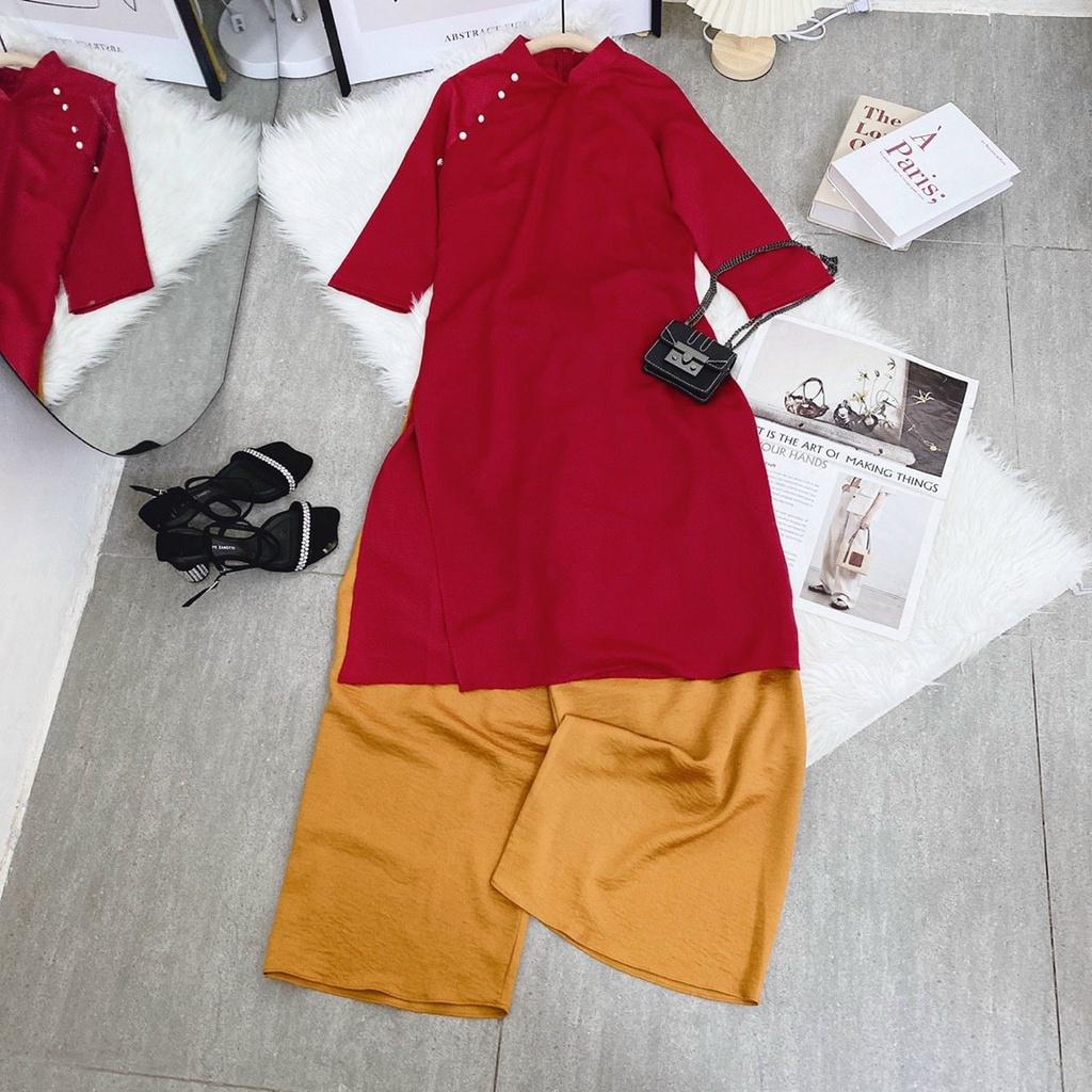 Set áo dài đỏ tay lỡ quần suông đi chùa chúc tết