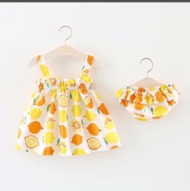 Bộ 2 dây cho bé gái, Bộ Đồ Hè Cho Bé Gái Chất Đũi Nhẹ Nhàng Mát Mẻ, Bộ Hai Dây Hình Chanh Đáng Yêu Cho Bé