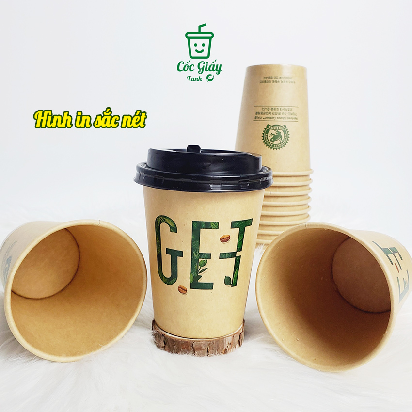 Set 50 CỐC GIẤY XANH CÓ NẮP 240ml In Chữ GET Màu Nâu Cafe Siêu Đẹp, Lịch Sự