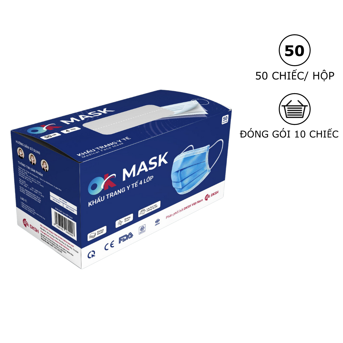 Hộp Khẩu Trang Y Tế Cao Cấp Ok Mask  4 Lớp, Đạt Chuẩn Kháng Khuẩn Chất Liệu Mềm Mại