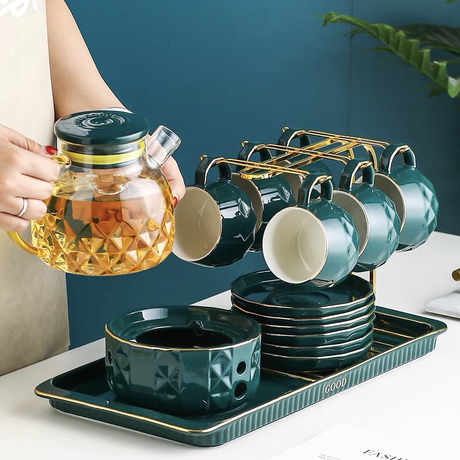 BỘ ẤM CHÉN PHA TRÀ XANH CỔ VỊT HỌA TIẾT KIM CƯƠNG - ABD