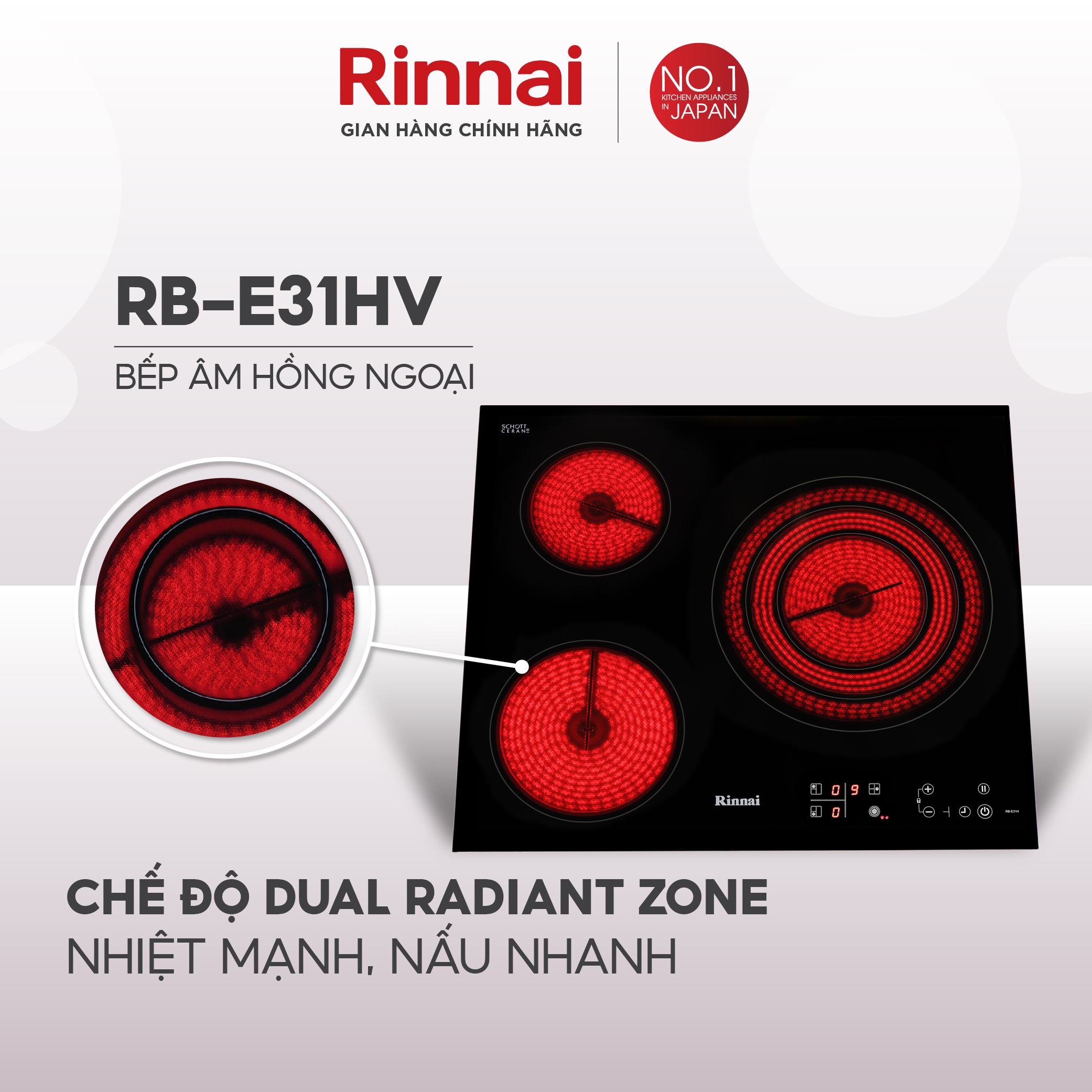 Bếp hồng ngoại Rinnai RB-E31HV mặt kính Schott 5200W - Hàng chính hãng.