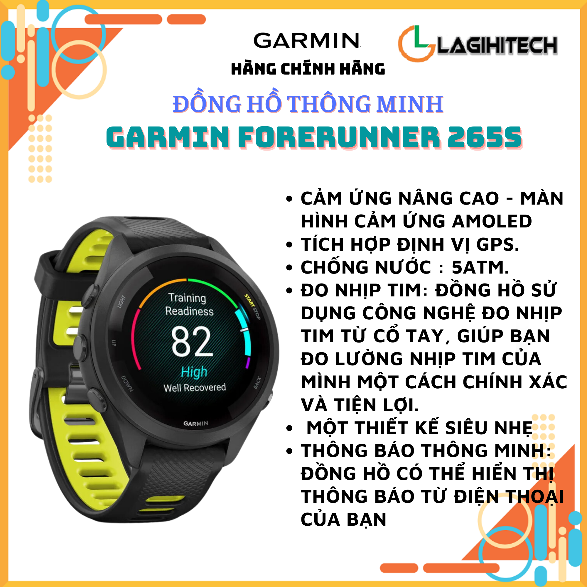 Đồng Hồ Thông Minh Garmin Forerunner 265 / 265S chuyên theo dõi chạy bộ màn hình AMOLED - Hàng Chính Hãng FPT