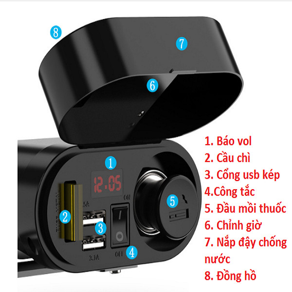 Sạc xe máy 5 in1 kết hợp báo bình đồng hồ tẩu