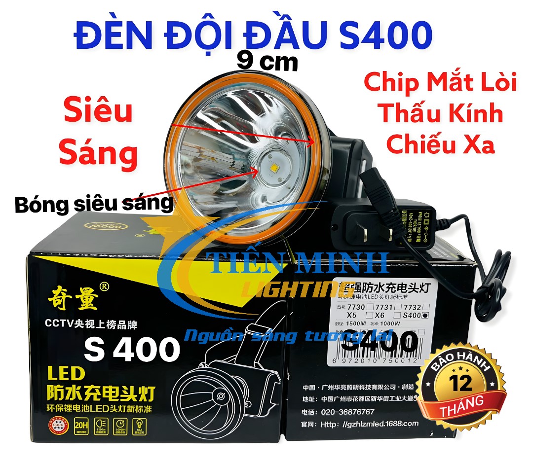 ĐÈN ĐỘI ĐẦU S400 - ĐÈN ĐỘI CHỐNG NƯỚC -  CHÓA 9CM, CHIP LED SIÊU SÁNG, CHIẾU XA ĐẾN 1000M, 3 CHẾ ĐỘ SÁNG MẠNH/YẾU/NHẤP NHÁY