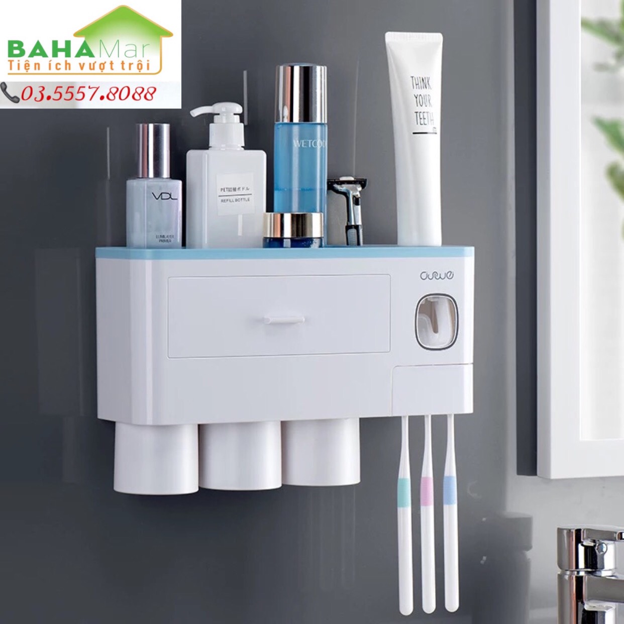 GIÁ ĐỂ TREO BÀN CHẢI NHẢ THUỐC ĐÁNH RĂNG TỰ ĐỘNG - 3 CỐC TREO NAM CHÂM NGƯỢC "BAHAMAR"