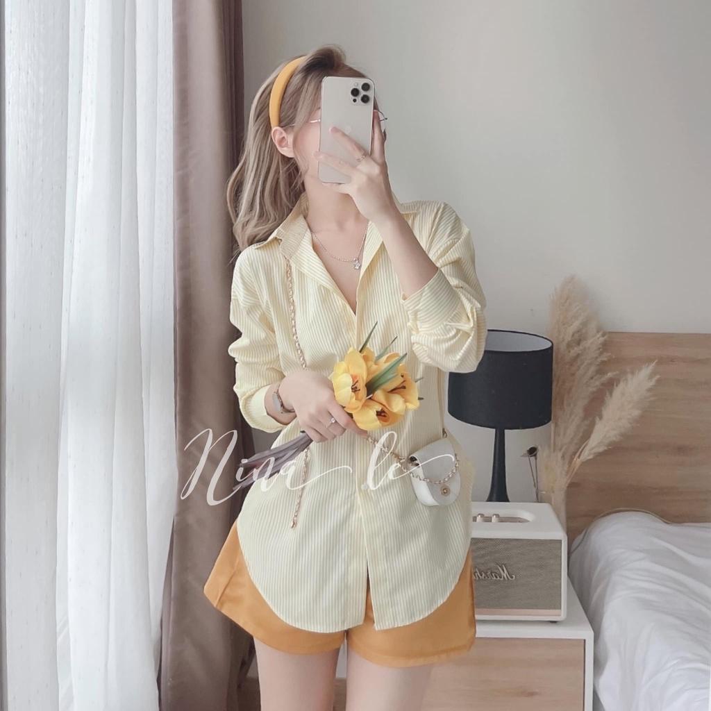 Sét bộ đồ nữ áo sơ mi dài tay kẻ sọc đa dạng màu sắc phối quần đùi xinh xắn.