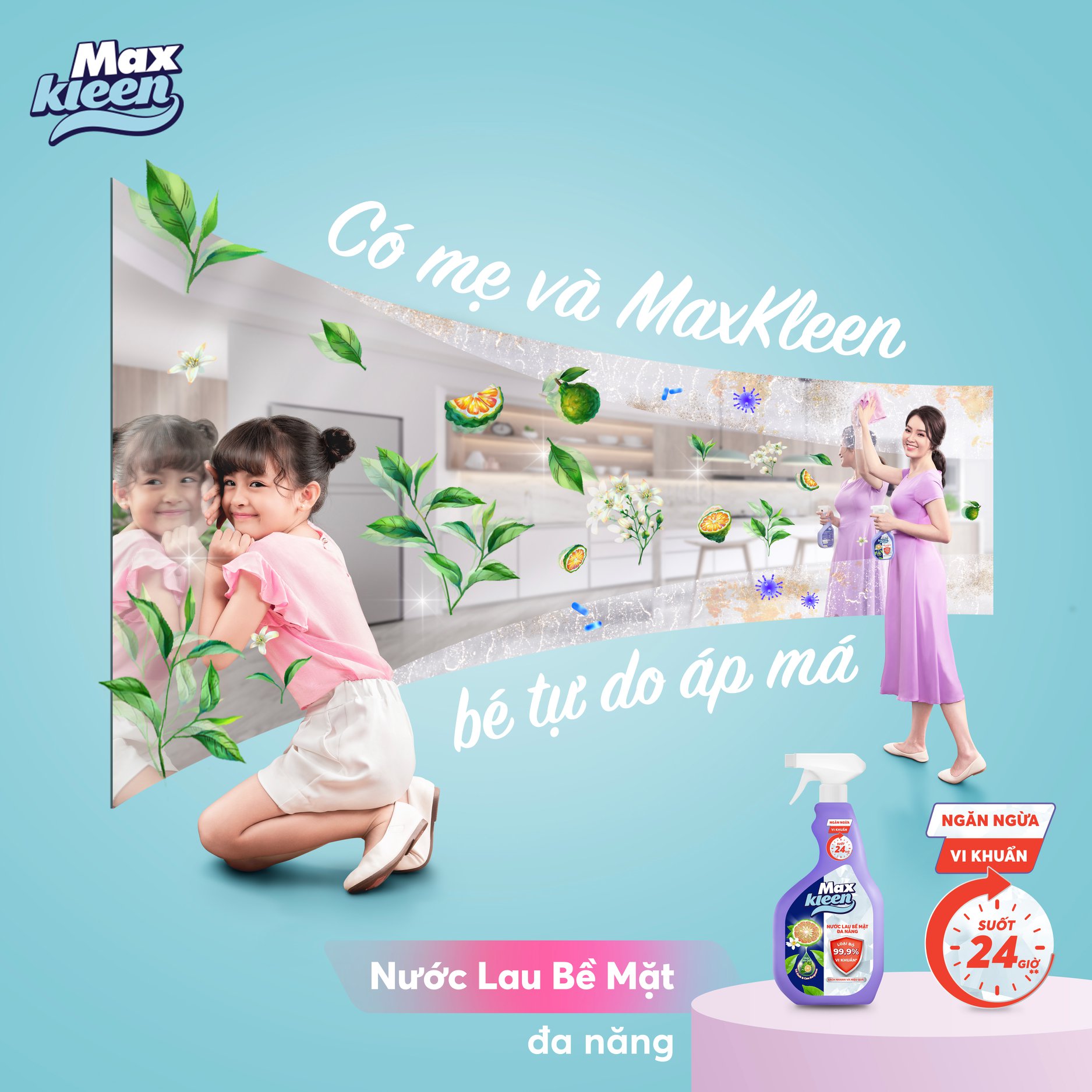 Combo Lau Bề Mặt MaxKleen Đa Năng: 1 chai xịt 520ml + 1 khăn ướt 30 miếng