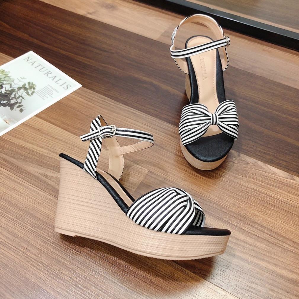 Sandal cao gót , Sandal nữ đế xuồng 9P quai nơ sọc cực chất đế nhẹ, mang êm chuẩn size phom đẹp