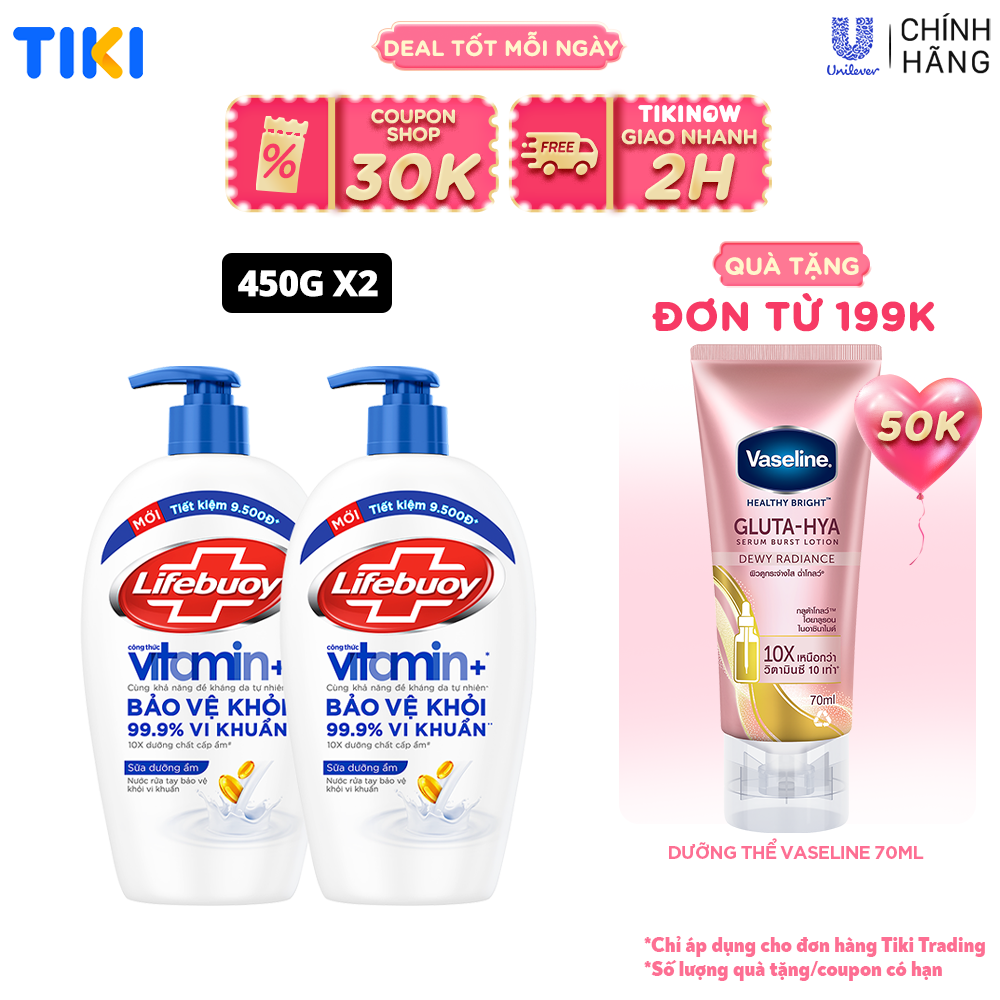 Combo 2 Nước Rửa Tay Lifebuoy Chăm Sóc Da Giúp Dưỡng ẩm Mềm Mại Và Bảo Vệ Khỏi 99.9% Vi Khuẩn Trên Tay Chai 450G