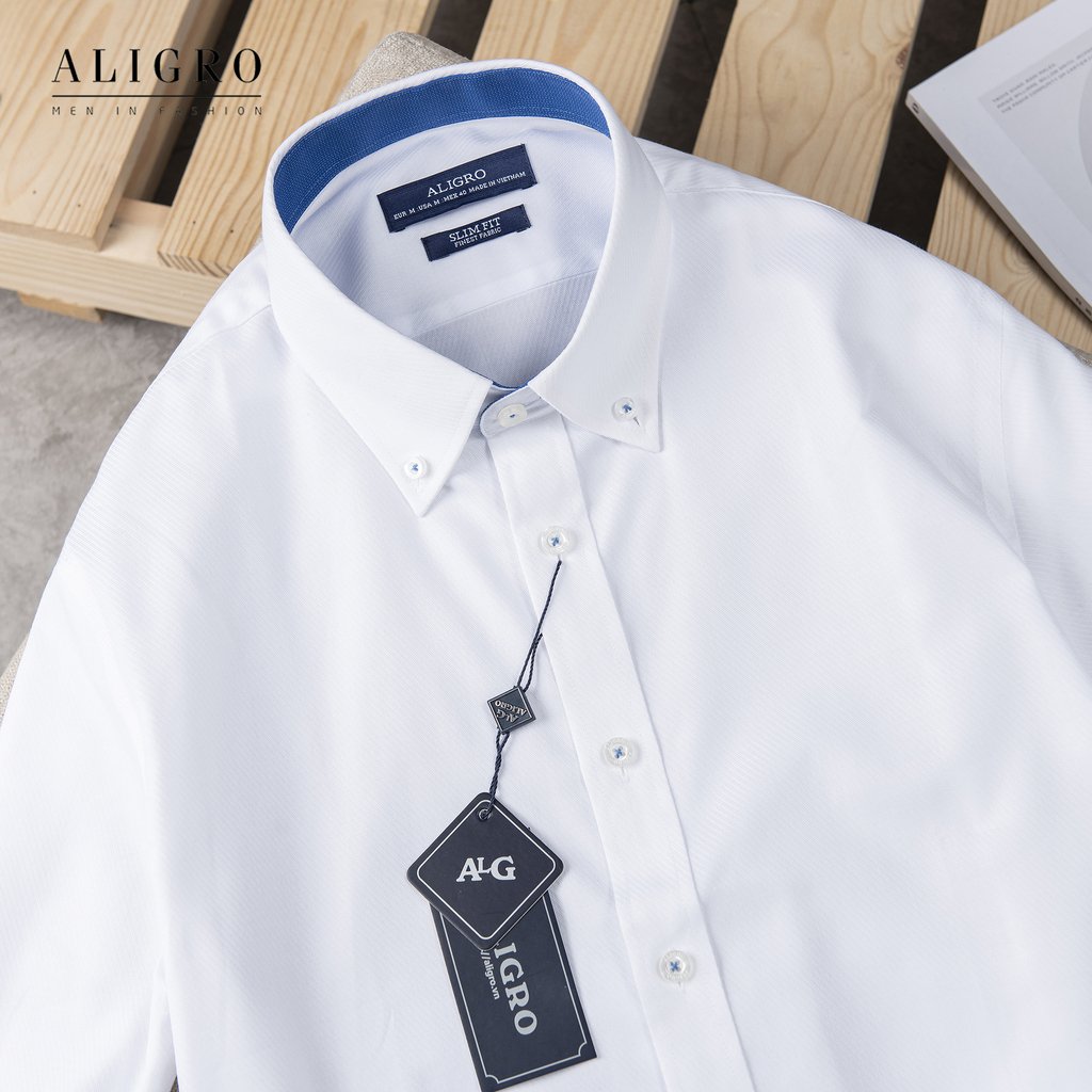 ÁO SƠ MI NAM TRẮNG DÀI TAY PHỐI CỔ XANH ALIGRO DÁNG SLIMFIT MÃ ALGS189