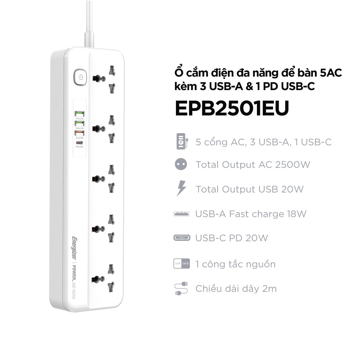 Ổ điện đa năng Energizer 5AC kèm 3USB-A và 1USB-C sạc nhanh PD (max 20W) - White - Chịu tải tối đa 2500W - Hàng chính hãng