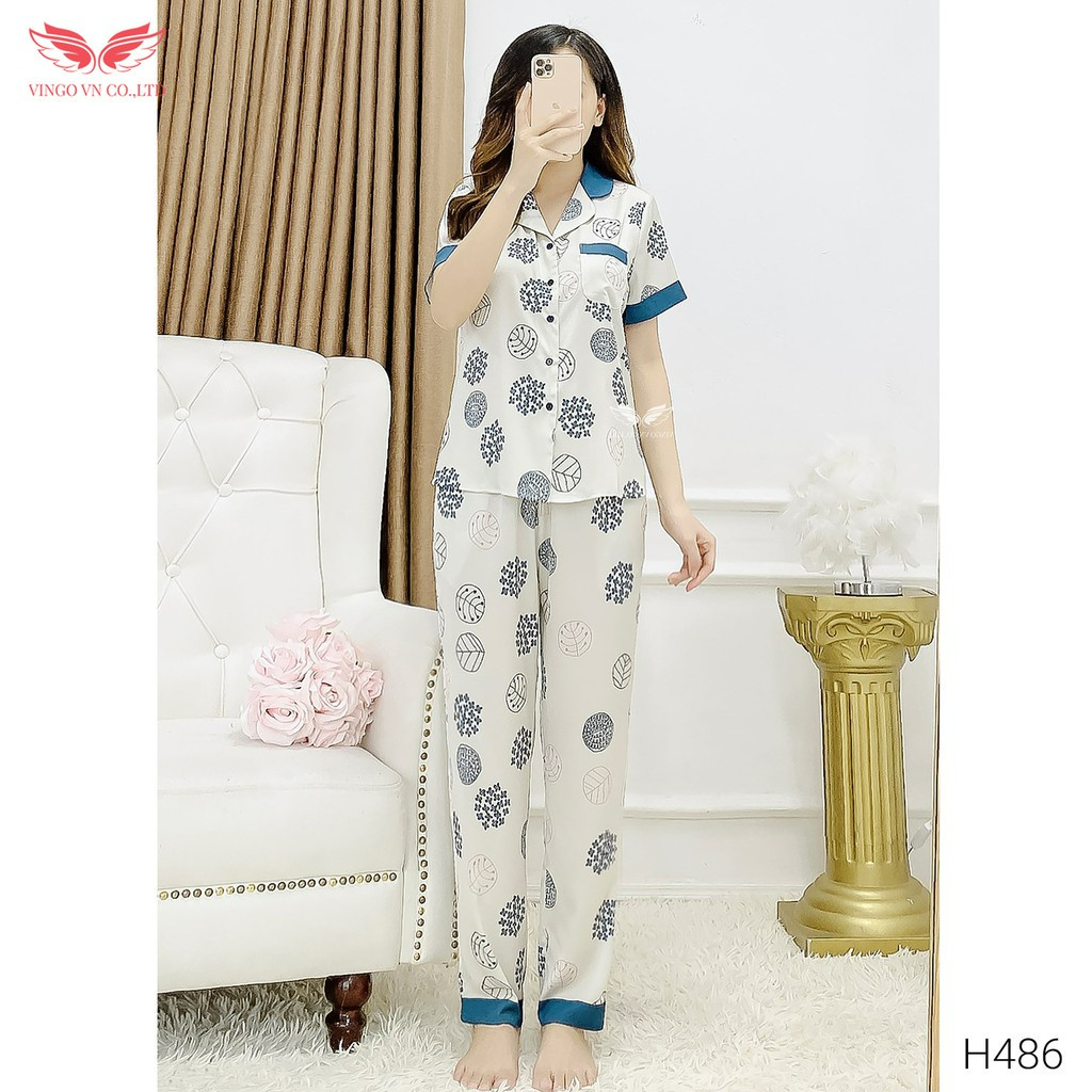 Bộ Đồ Ngủ Mặc Nhà Pijama Lụa Pháp VINGO Tay Cộc Quần Dài Họa Tiết Hoa Tuyết Thanh Lịch Hiện Đại H486 VNGO