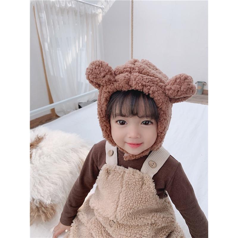 Mũ lông gấu- mũ len lông cừu tai gấu cài cúc kín cổ cho bé