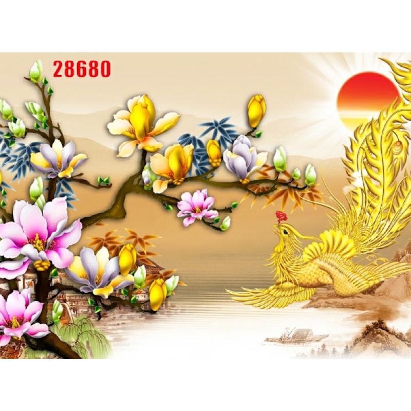 tranh dán tường hoa phù dung phượng hoàng lửa 3d.in vải lụa KT120x80 cm.nhận in kích thước theo yêu cầu liên hệ zalo