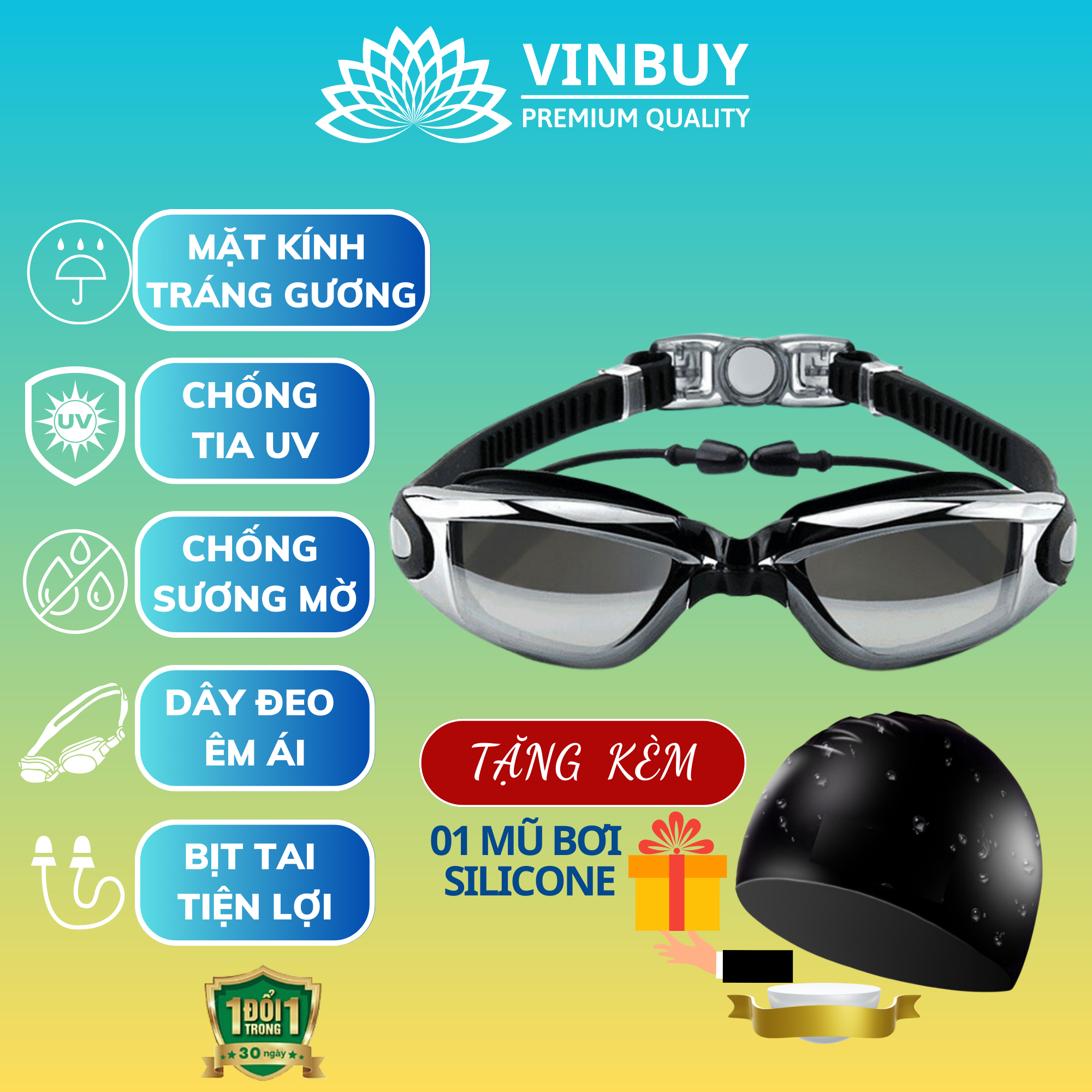 Kính Bơi Tráng Gương kèm bịt tai cao cấp VinBuy chống sương mù, chống tia UV Hàng chính hãng - Tặng kèm nón bơi Silicon (Màu ngẫu nhiên)