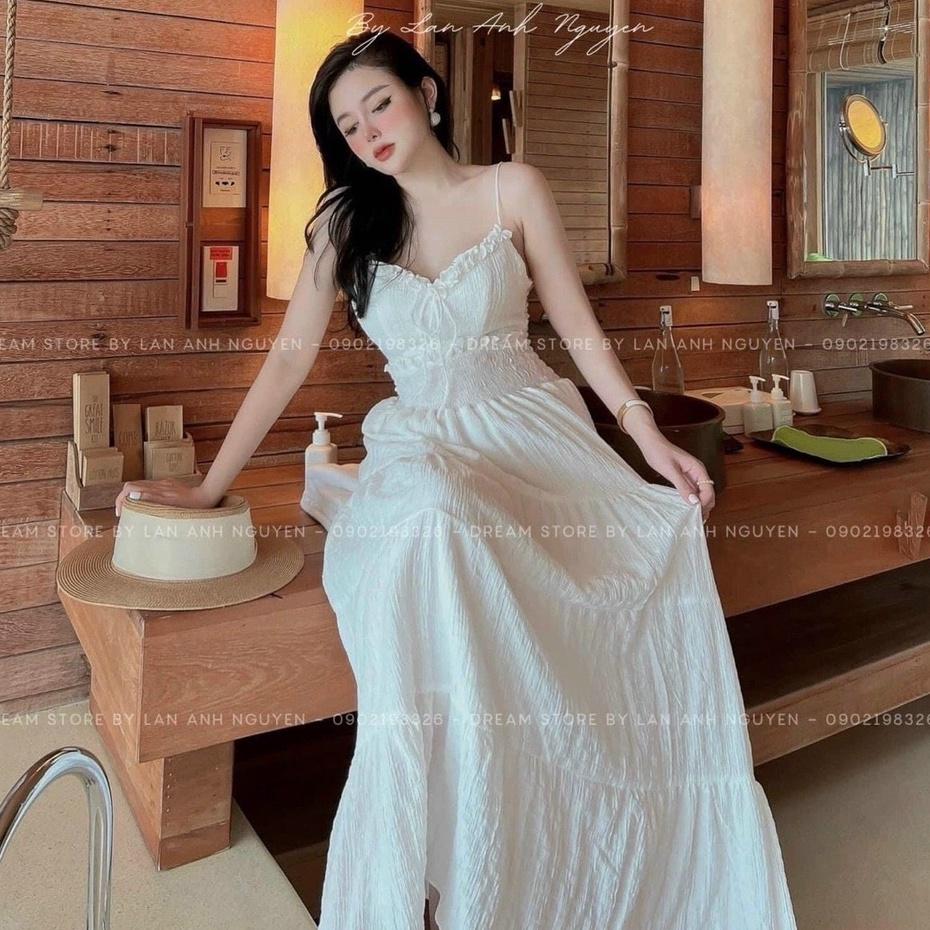 Đầm maxi xô trắng 2 dây cổ V  CHIBEST
