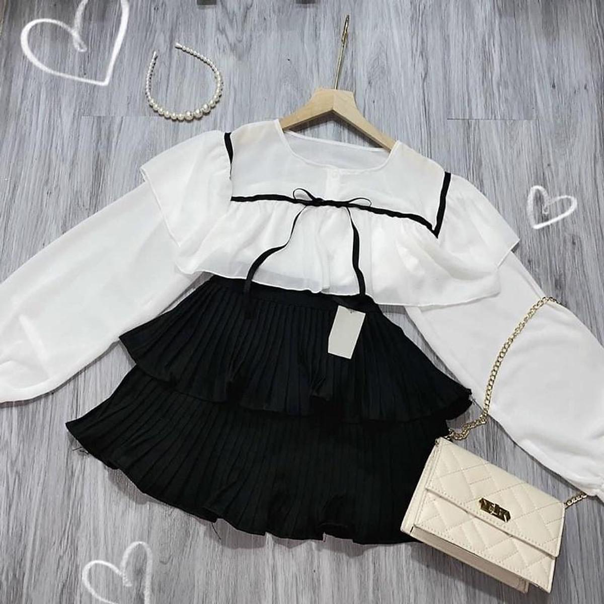 Set áo sơ mi + chân váy dập ly 2 tầng siêu xinh
