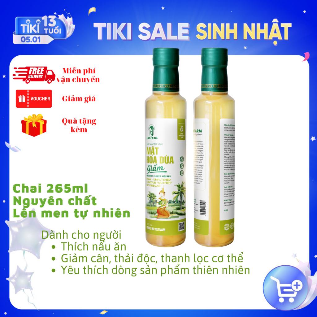 Dấm mật hoa dừa Sokfarm - 265ml - Bổ sung lợi khuẩn, kích thích tiêu hóa, hỗ trợ giảm đau cho người bị GUT, lên men tự nhiên trong vòng 6 tháng