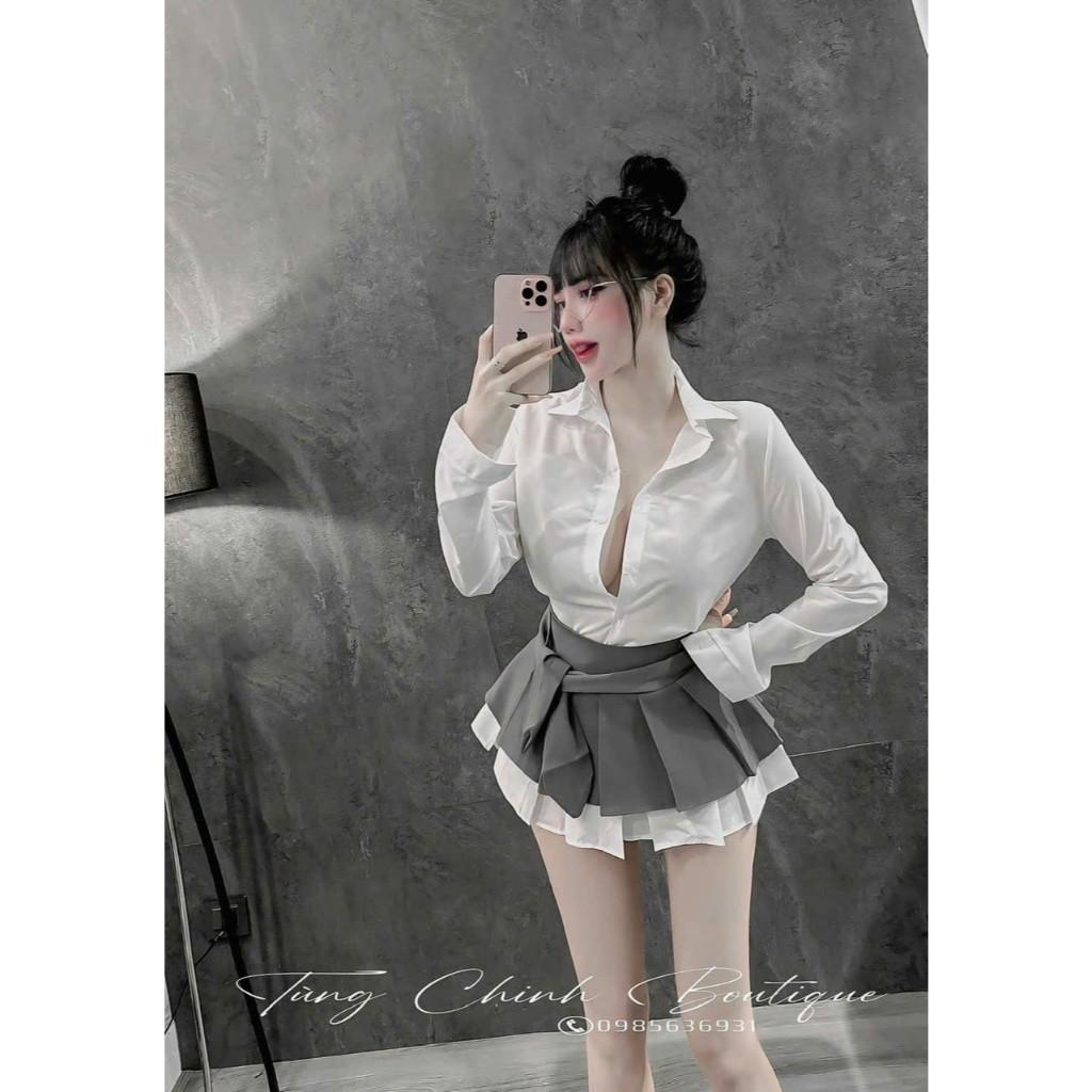 Sét sơ mi dài tay mix chân váy ly phối tặng cà vạt   QA BY JOLIE - kẻ đen, kẻ đen