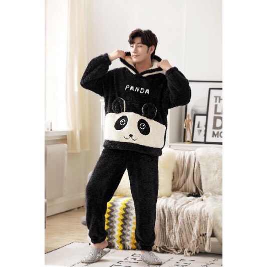 Bộ đồ ngủ nam nữ hình gấu trúc Pan Da Chất lông cừu Siêu Ấm Áp, Bộ mặc Nhà Unisex hình thú đáng yêu sang chảnh