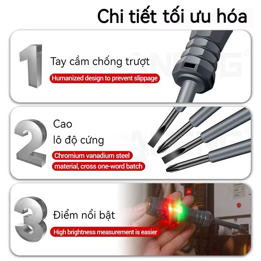 Bút thử điện cảm ứng không tiếp xúc, kiểm tra dây đứt ngầm, kiểm tra pha, đo thông mạch, Vít 2 Cạnh và 4 Cạnh