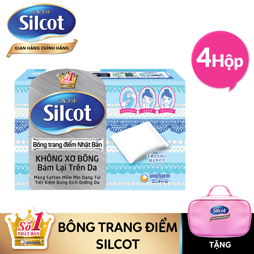 Bộ 4 hộp Bông trang điểm Silcot hộp 82 miếng - Tặng Ví đựng mỹ phẩm