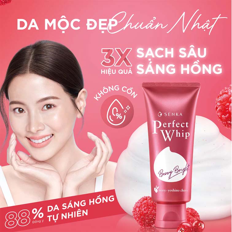 Sữa rửa mặt Senka dưỡng da sáng hồng Perfect Whip Berry Bright 100g